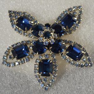 Vintage 1950s Leaf or Starfish Tiered Brooch w/ Dark & Light Blue Rhinestones